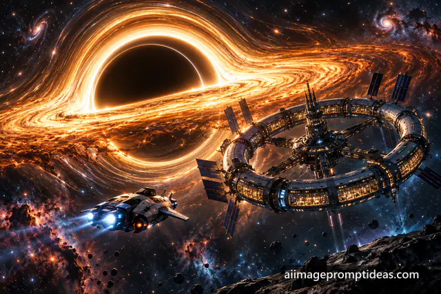 Ring-shaped space station orbiting a black hole with a golden accretion disk, AI generated