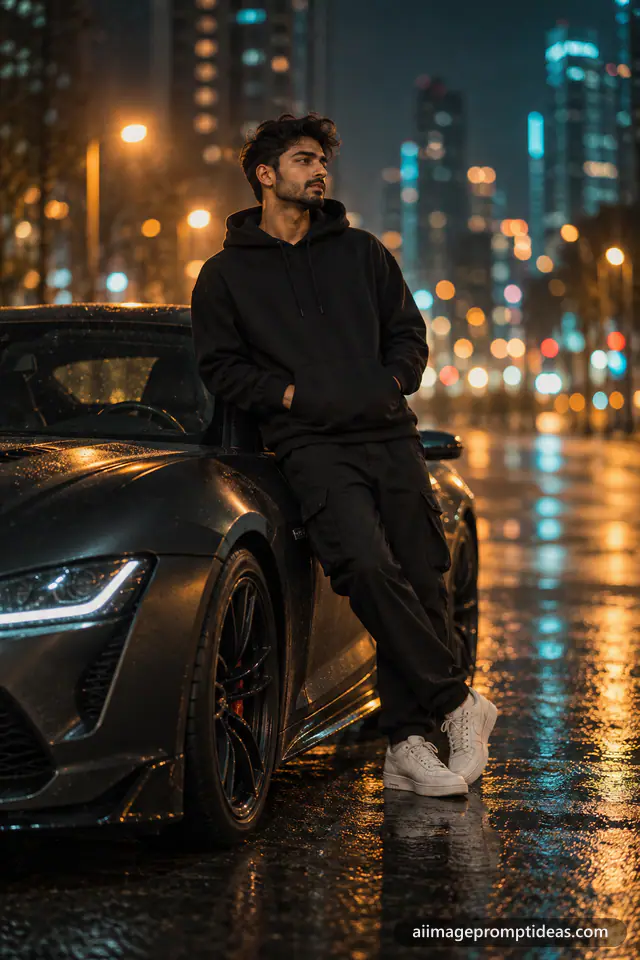 Young man in a black hoodie leaning on a black car at night with city bokeh lights, AI generated