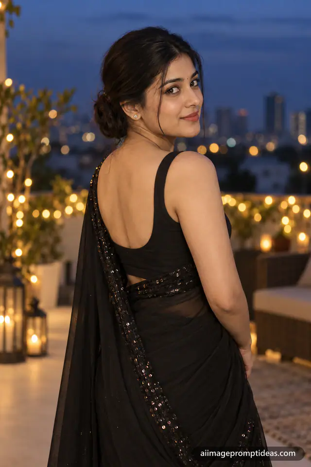 Woman in an elegant black sequin saree on a rooftop at dusk with golden fairy light bokeh, AI generated