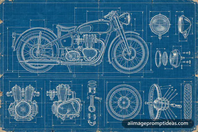 Blueprint style technical drawing of a vintage motorcycle, AI generated