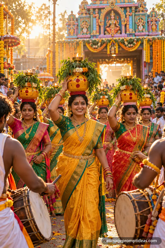 Women carrying decorated Bonalu pots in a Hyderabad festival procession, AI generated