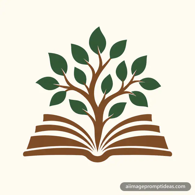 Minimal bookstore logo of an open book growing into a leafy tree in green and brown, AI generated