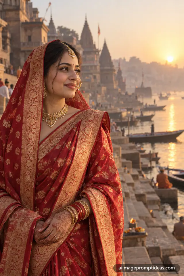 Indian bride in a red Banarasi saree with gold jewellery on the Varanasi ghats at sunrise, AI generated