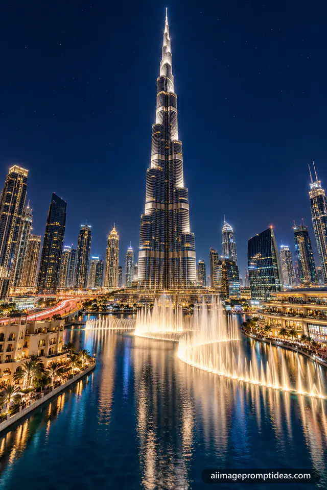 Burj Khalifa glowing above the Dubai skyline and fountain at night, AI generated