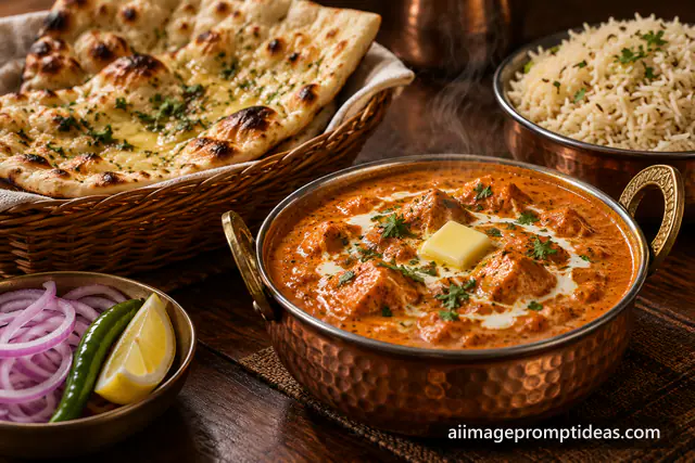 Butter chicken in a copper handi with garlic naan, jeera rice and onions on a dark table, AI generated