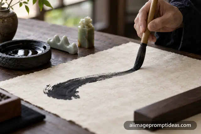 Hand painting a bold black stroke on rice paper with a bamboo ink brush, AI generated