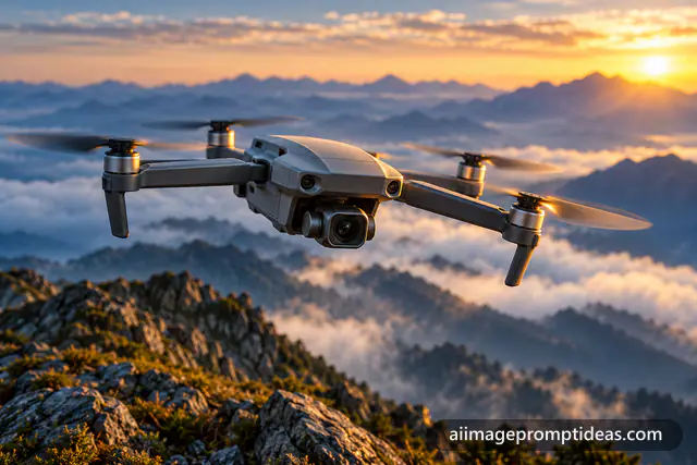 Grey camera drone hovering above misty mountains at sunrise, AI generated