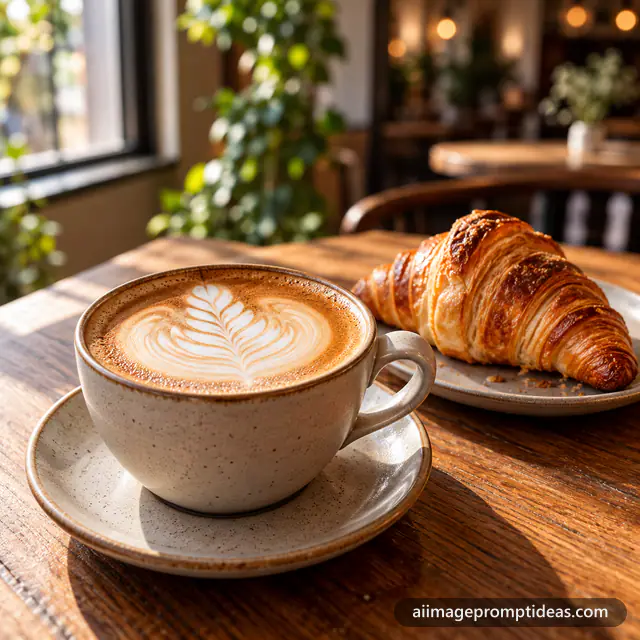 Cappuccino with rosetta latte art beside a croissant on a wooden cafe table, AI generated