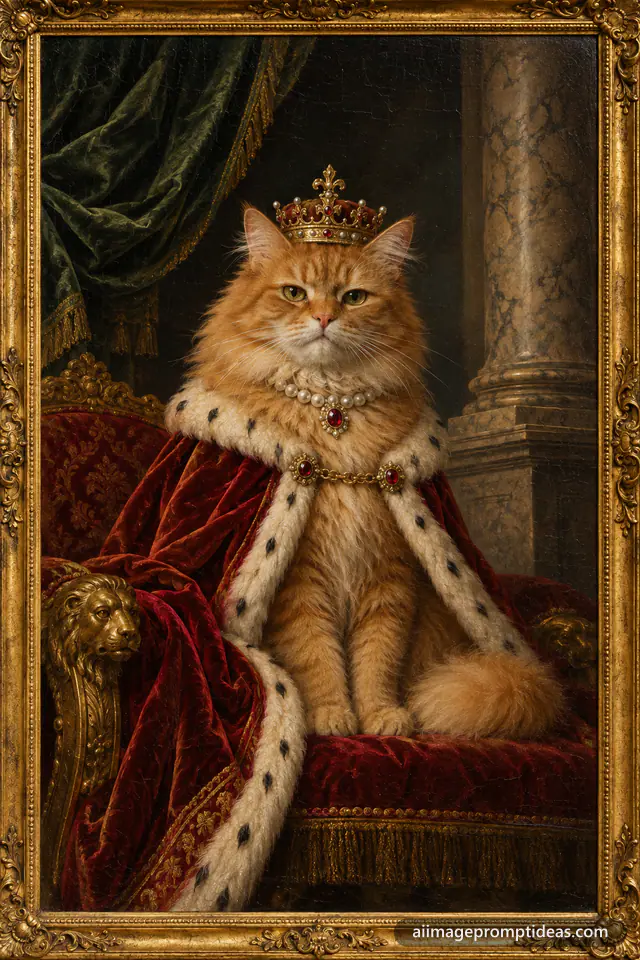 Orange tabby cat as a royal Renaissance oil portrait with a crimson cape, crown and gold frame, AI generated