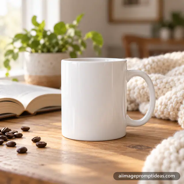 Blank white ceramic mug mockup on a wooden table with a book, blanket and plant, AI generated