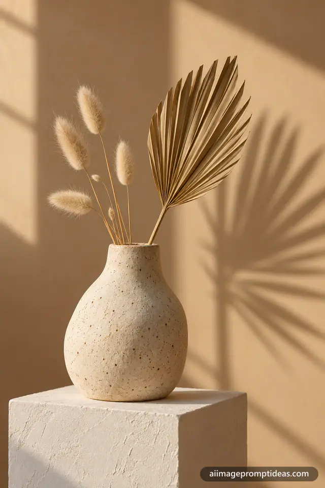 Handmade speckled ceramic vase with dried grasses on a white plinth with soft shadows, AI generated