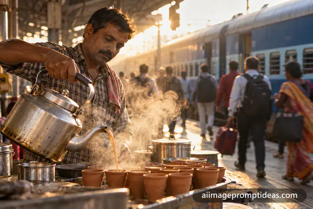 Chai seller pouring tea into clay kulhads on a railway platform with a train and morning steam, AI generated