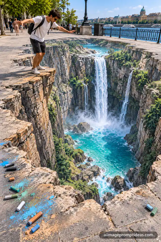 3D chalk art illusion of a waterfall canyon on a sidewalk with a man balancing on the edge, AI generated