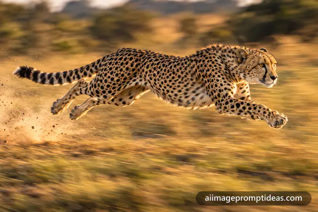 Cheetah sprinting across golden savanna grass mid-stride with dust flying, AI generated