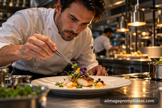 Chef in a white jacket plating a gourmet dish with tweezers in a professional kitchen, AI generated