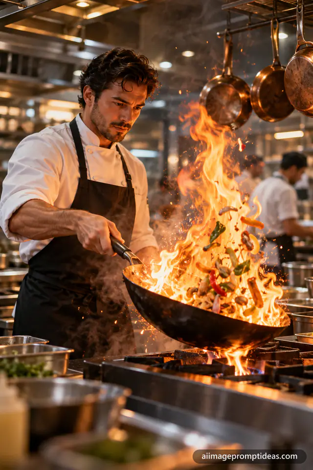 Chef tossing vegetables in a wok with tall flames in a busy restaurant kitchen, AI generated