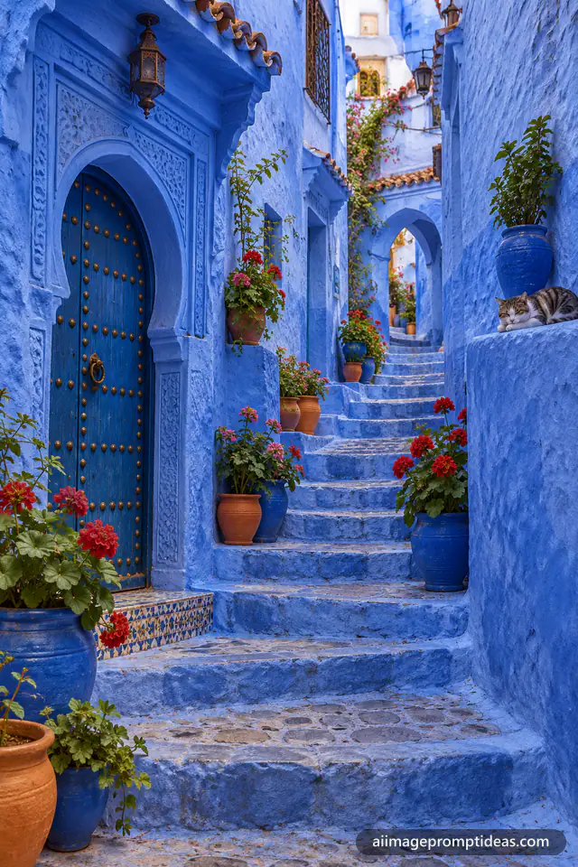 Blue-washed stairway alley with potted plants in Chefchaouen, Morocco, AI generated