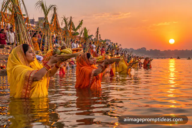 Women in yellow saris offering soop baskets to the setting sun in a river during Chhath Puja, AI generated