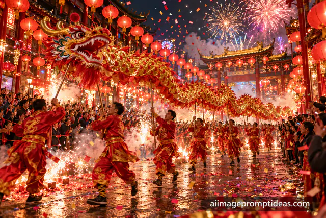 Golden and red dragon dance winding through a street of red lanterns and firecrackers at night, AI generated