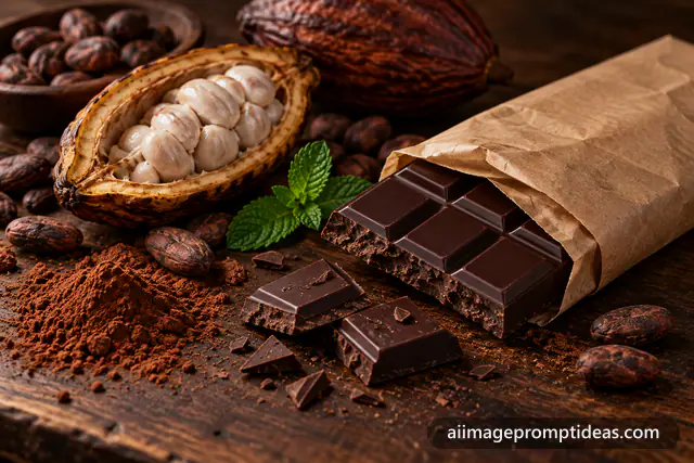Dark chocolate bar in kraft packaging with a cocoa pod, beans and cocoa powder on dark wood, AI generated