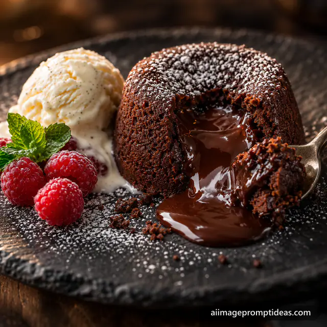 Chocolate lava cake cut open with molten chocolate flowing beside vanilla ice cream and raspberries, AI generated