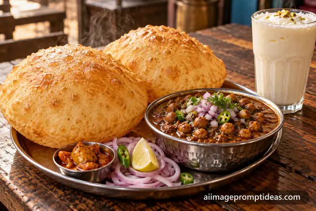 Puffed golden bhature with spicy chole, onions, pickle and lassi on a steel plate, AI generated