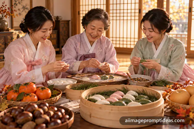 Korean family in hanbok making songpyeon rice cakes for Chuseok, AI generated