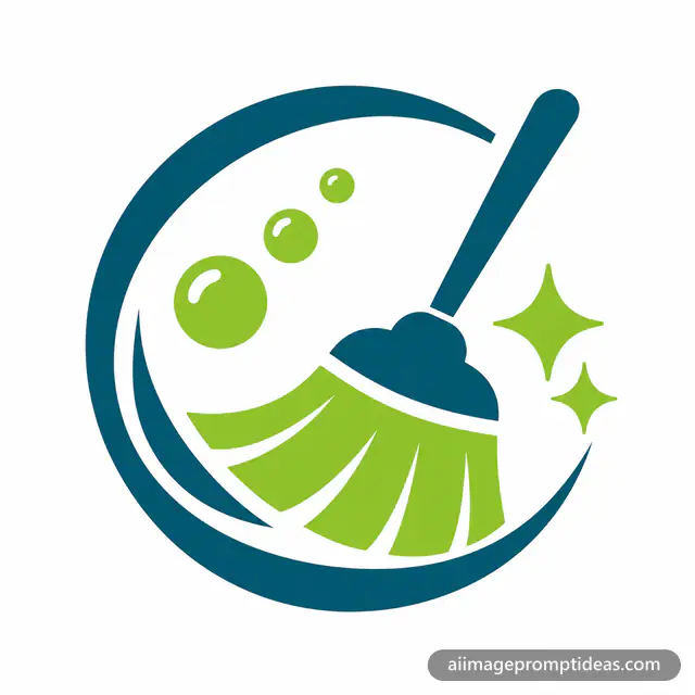 Flat vector cleaning service logo with a broom and sparkles, AI generated