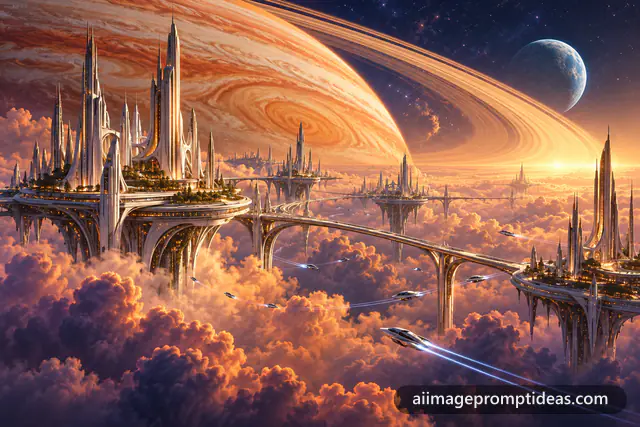 Floating white city above an orange gas giant with glowing rings, AI generated