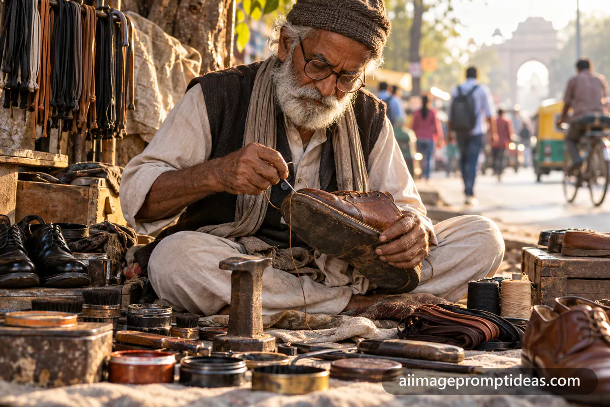 Elderly street cobbler stitching a leather shoe at his roadside stall in morning light, AI generated