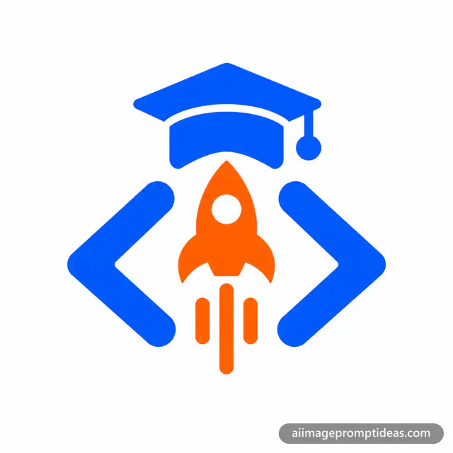 Minimal coding school logo of angle brackets with a graduation cap and a rocket, AI generated