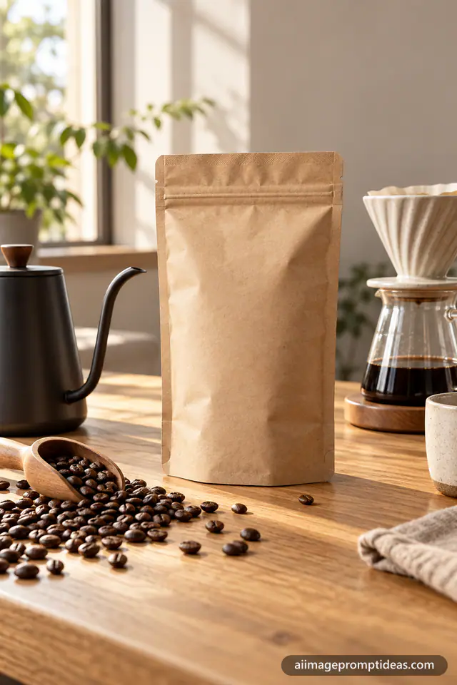 Kraft paper specialty coffee bag with roasted beans and a pour-over kettle in morning light, AI generated