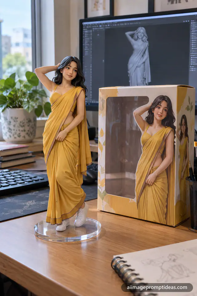 Collectible figurine of a woman in a mustard saree on a desk beside its toy box and a monitor with its 3D model, AI generated