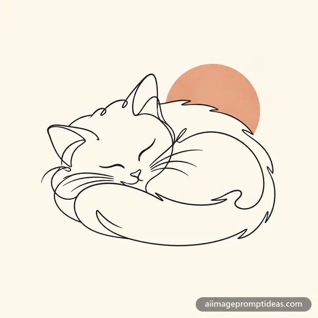 Continuous one-line drawing of a sleeping cat on cream background, AI generated
