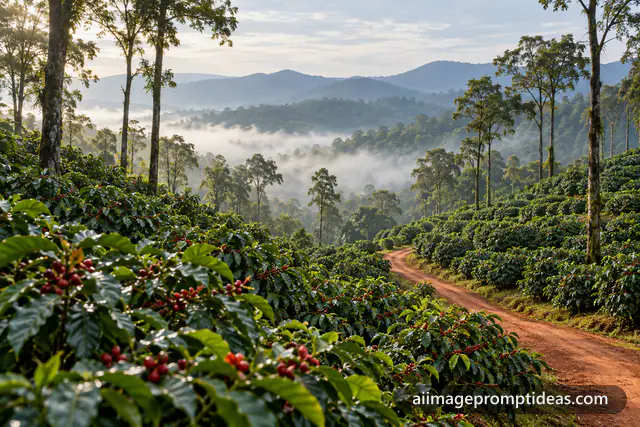 Misty coffee plantations in Coorg with rolling hills, shade trees and a red earth road, AI generated