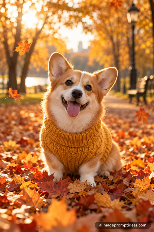 Happy corgi in a mustard knitted sweater sitting in autumn leaves in a park, AI generated