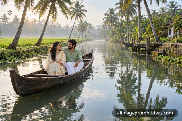 Couple in a wooden canoe on a palm-lined Alleppey backwater canal, AI generated