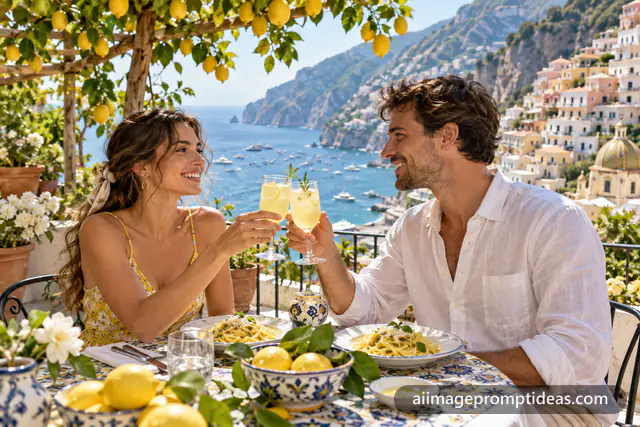 Couple toasting under lemon trees on an Amalfi Coast terrace, AI generated
