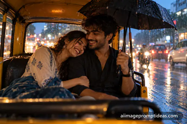 Couple laughing close together inside an auto rickshaw on a rainy evening with city lights, AI generated