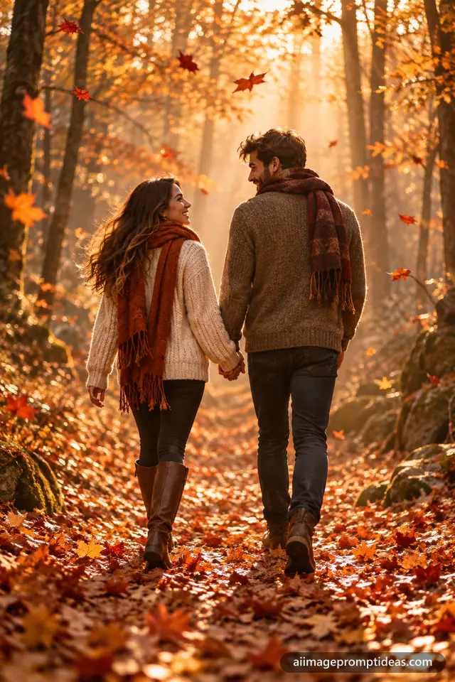 Couple in cozy sweaters walking hand in hand on a leaf-covered path in an autumn forest, AI generated