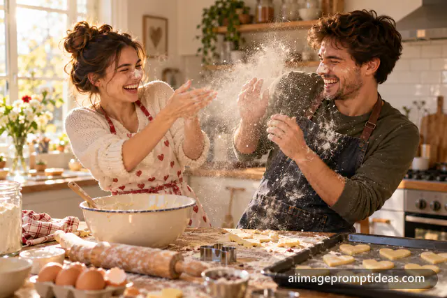 Couple laughing in a flour cloud while baking cookies together, AI generated