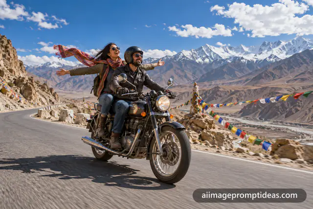Couple riding a motorcycle on a winding Ladakh mountain road with prayer flags, AI generated