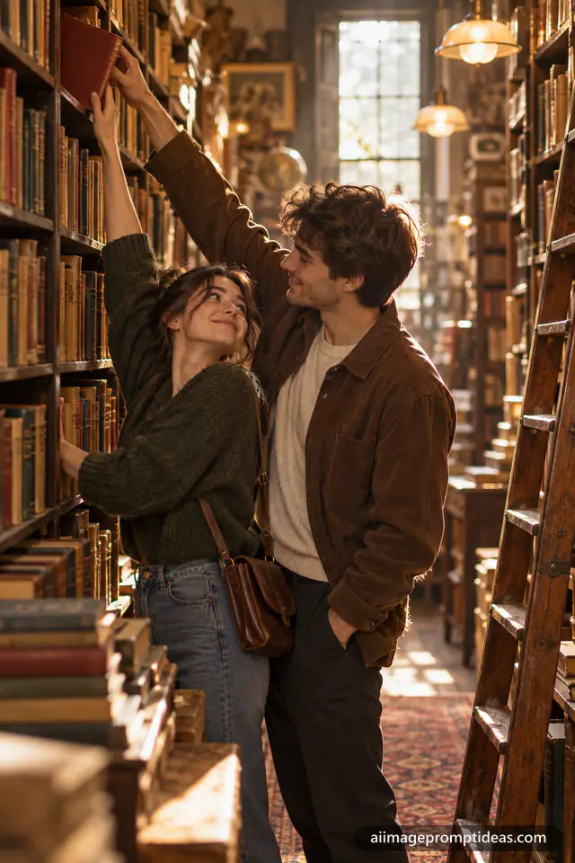 Young couple sharing a shy glance while reaching for the same book, AI generated