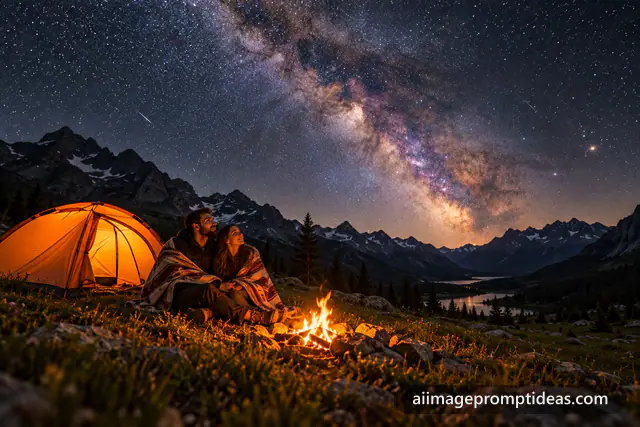 Couple wrapped in a blanket by a campfire and glowing tent under the Milky Way, AI generated