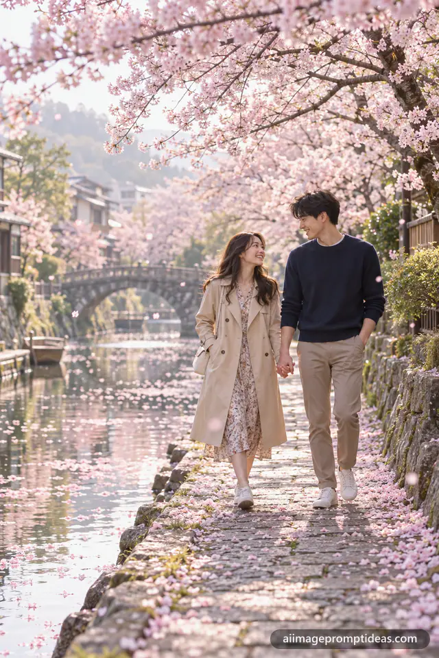 Couple walking hand in hand under pink cherry blossom trees by a canal, AI generated