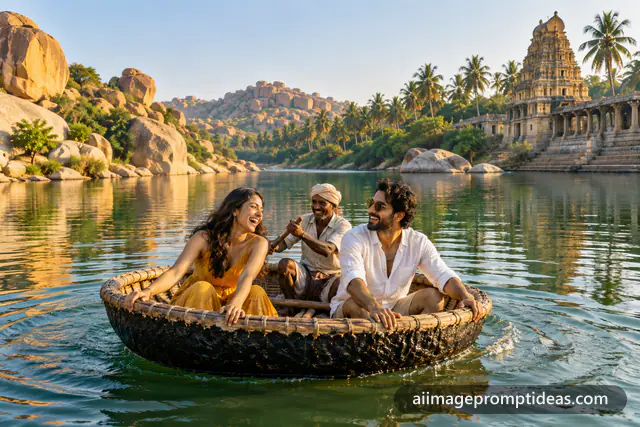 Indian couple laughing in a round coracle boat on a river near Hampi, AI generated