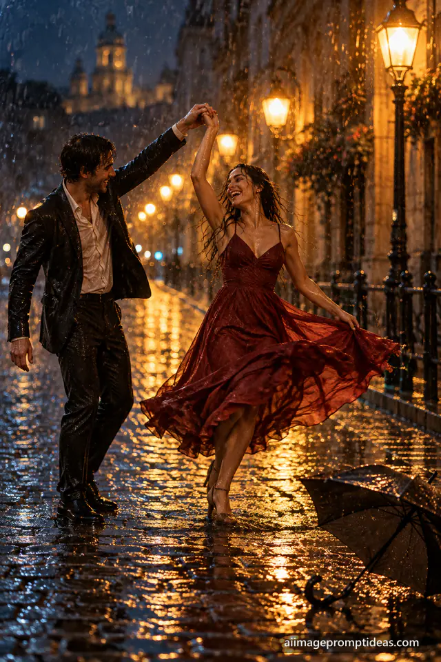 Couple dancing and laughing in the rain on a wet street lit by warm street lamps, AI generated