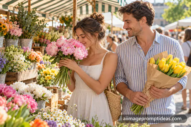 Young couple choosing flowers at a sunny farmers market stall, AI generated