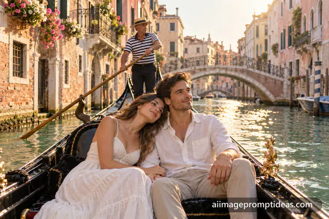 Couple sharing a gondola ride through a Venice canal at golden hour, AI generated