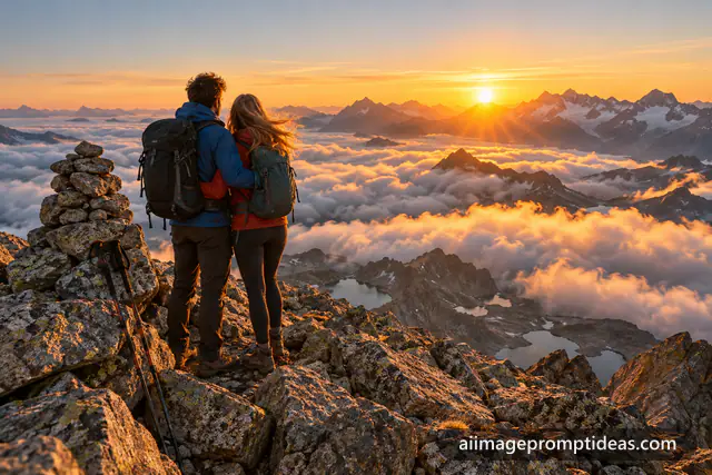 Couple in hiking gear hugging beside a cairn on a summit above a sea of clouds at sunrise, AI generated